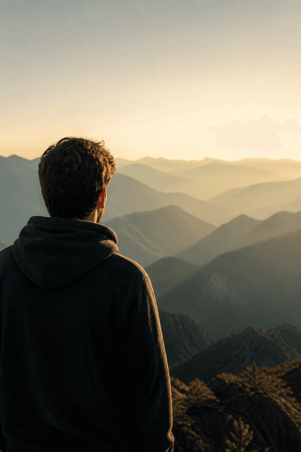 A person looking out over a mountain range at sunrise